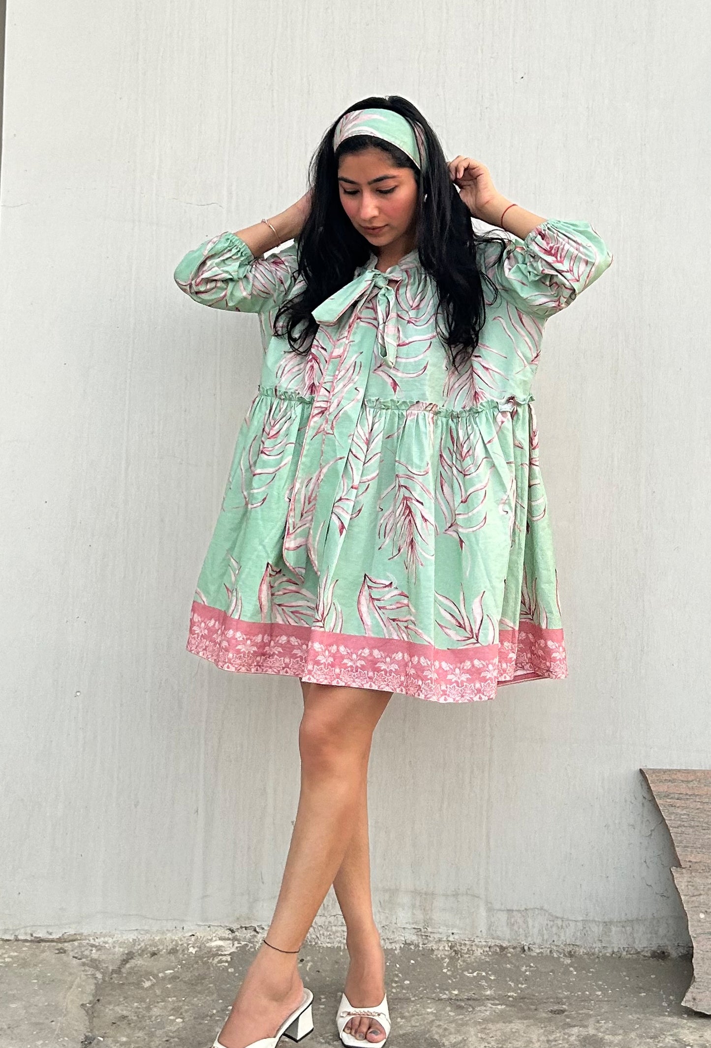 Morrocan Leaf Printed Short Dress with Head Band